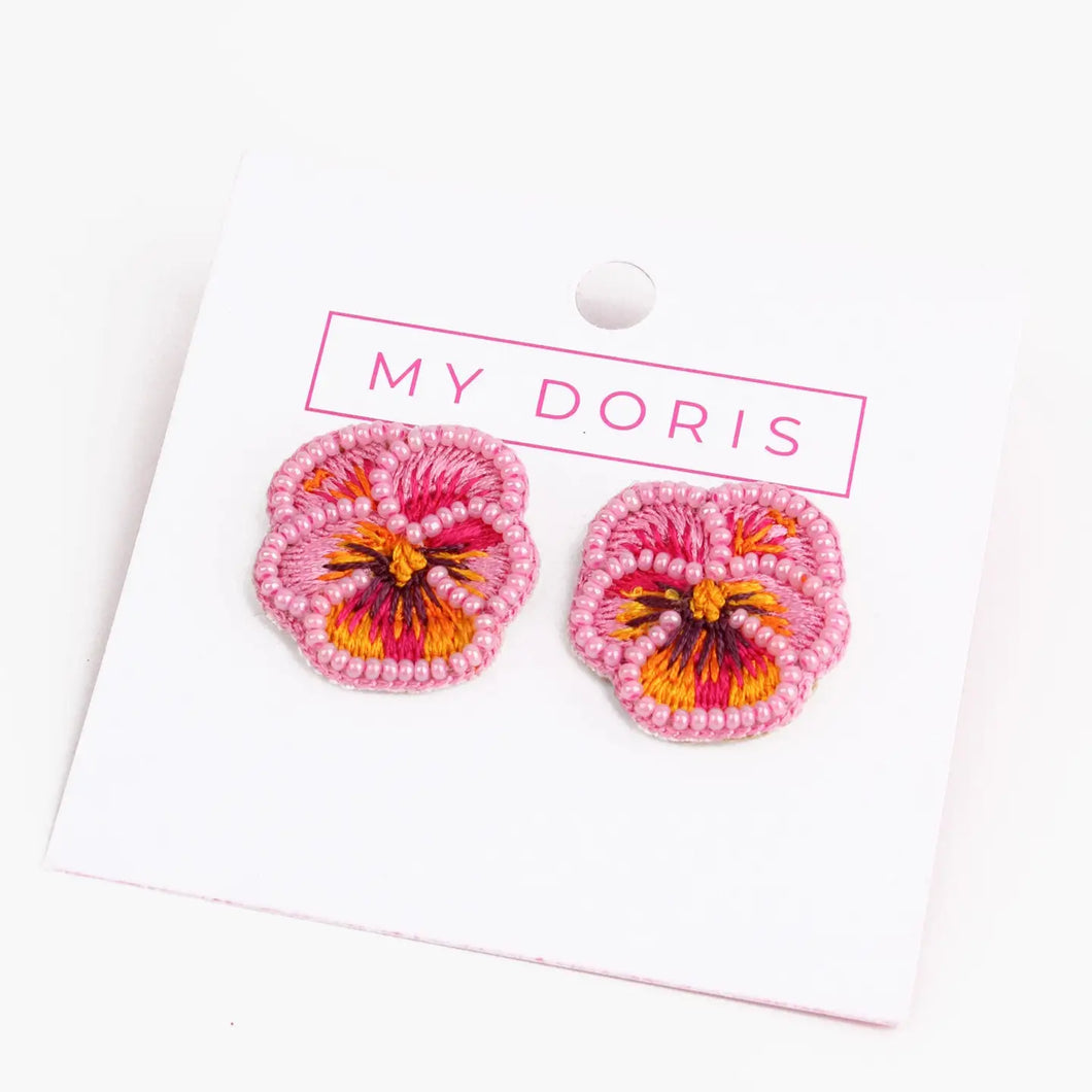 Pink Pansy Beaded Studs
