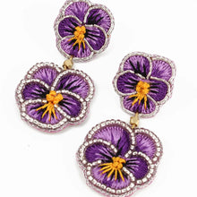 Load image into Gallery viewer, Double Purple Pansy Beaded Flower Earrings
